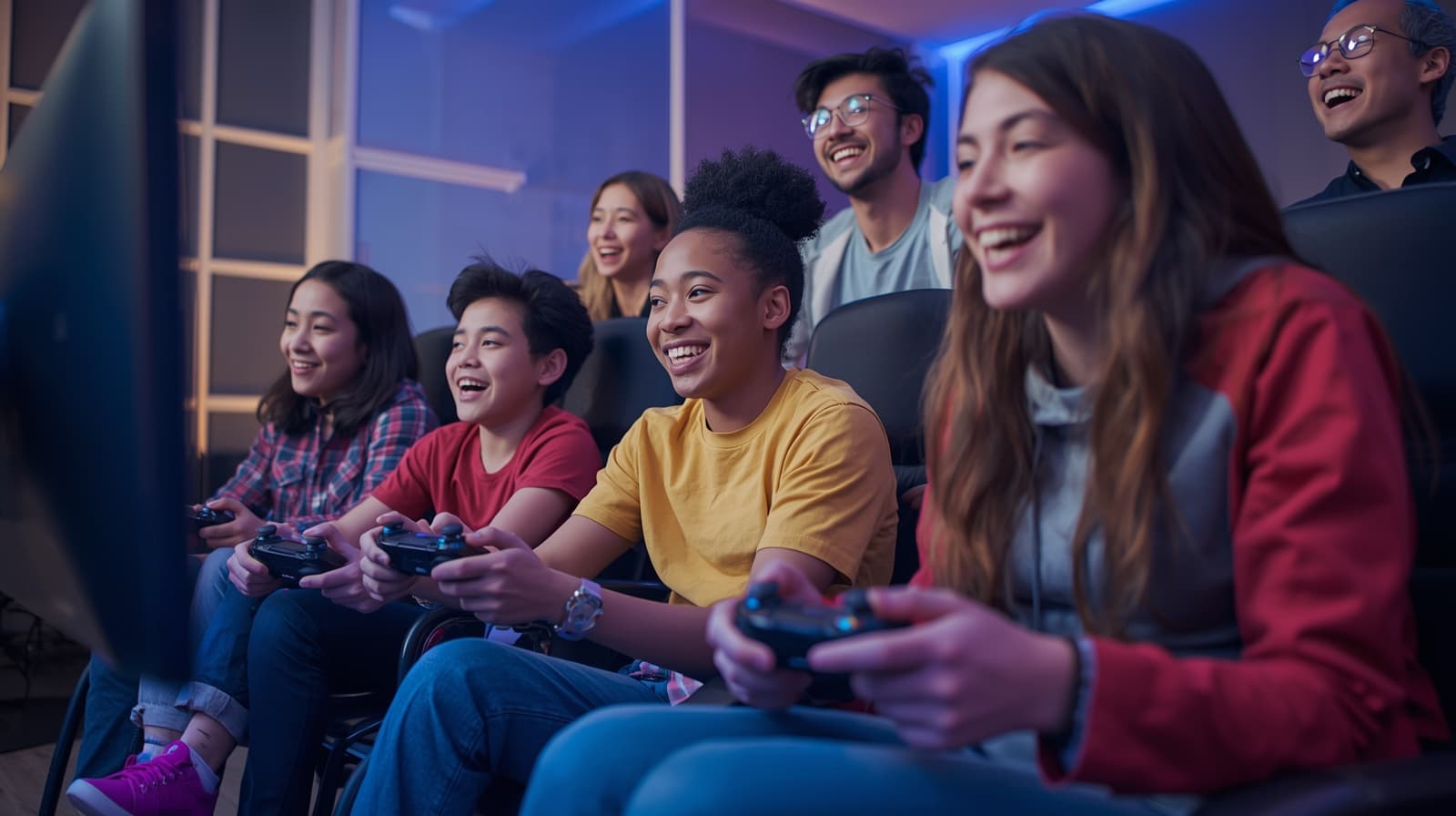 Diverse group of gamers playing together, including one using an adaptive controller