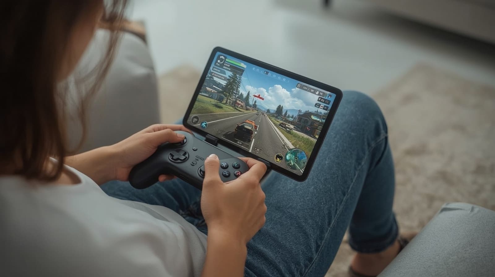 A person playing a game on a tablet using a controller