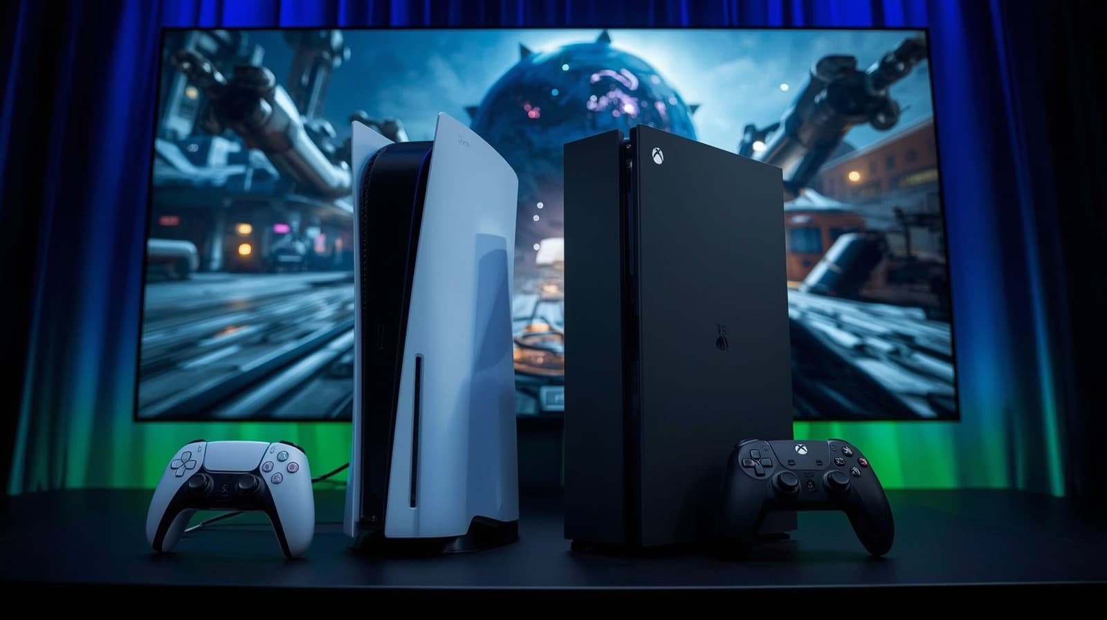 A PS5 controller and an Xbox controller side-by-side