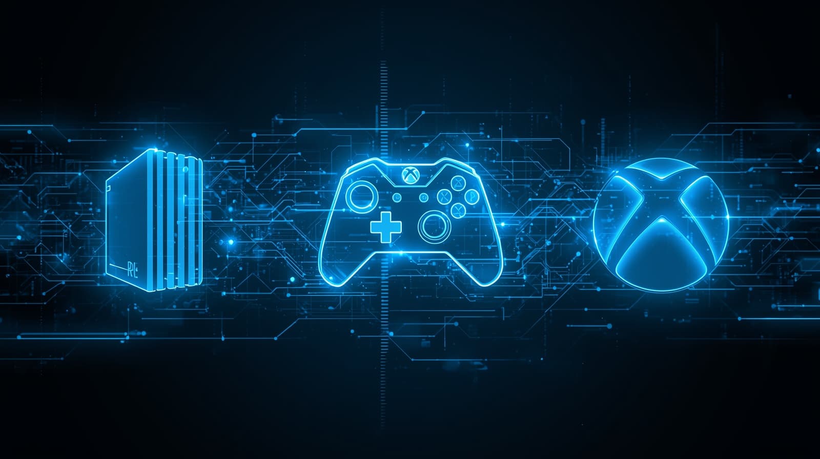 Glowing icons for PC, PlayStation, and Xbox connected together