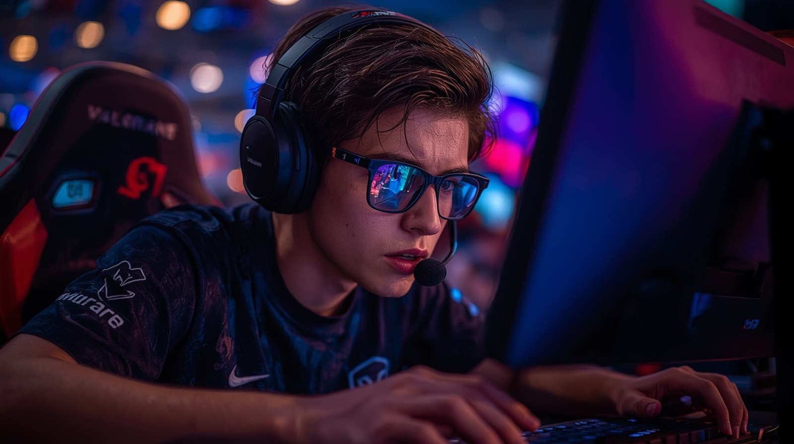 A huge esports arena with a cheering crowd and bright lights