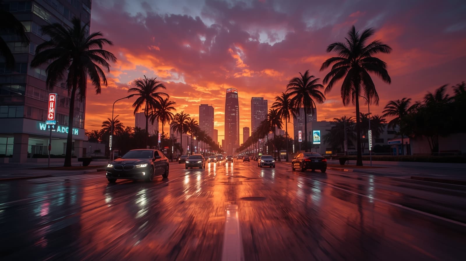 Neon lights of Vice City with palm trees