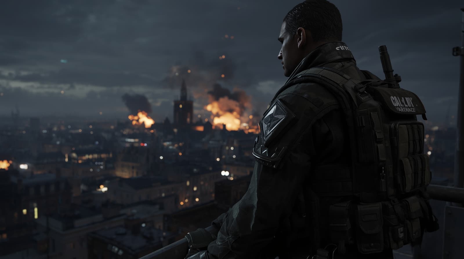 A soldier in tactical gear looking over a war-torn city