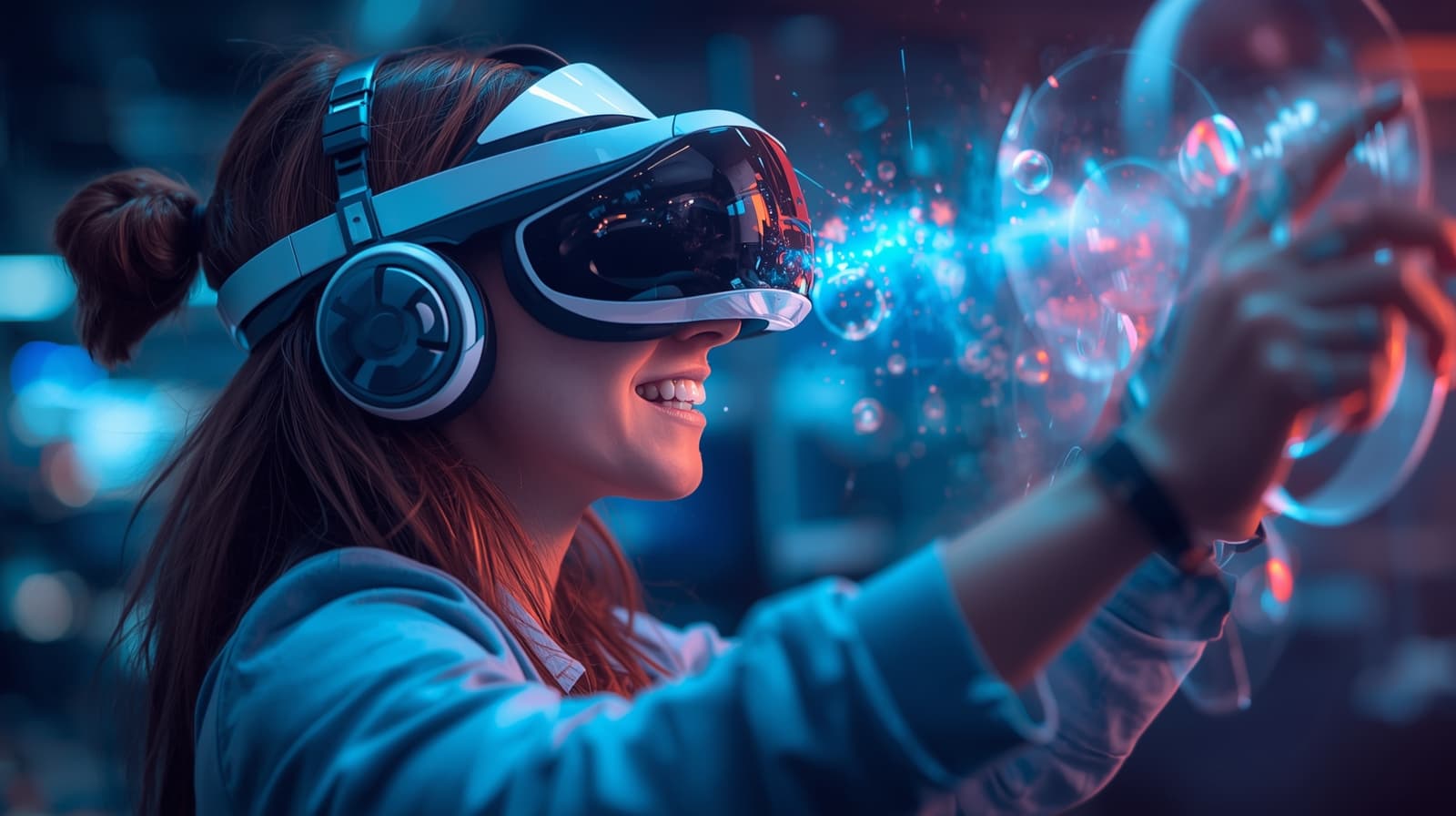 Person wearing a futuristic VR headset interacting with a holographic game interface