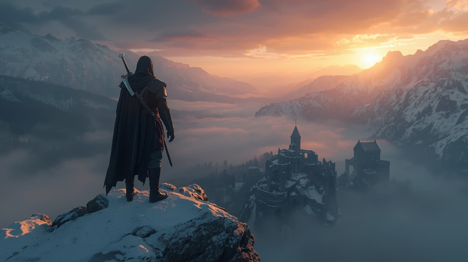A mysterious new Witcher looking over a vast, snowy landscape
